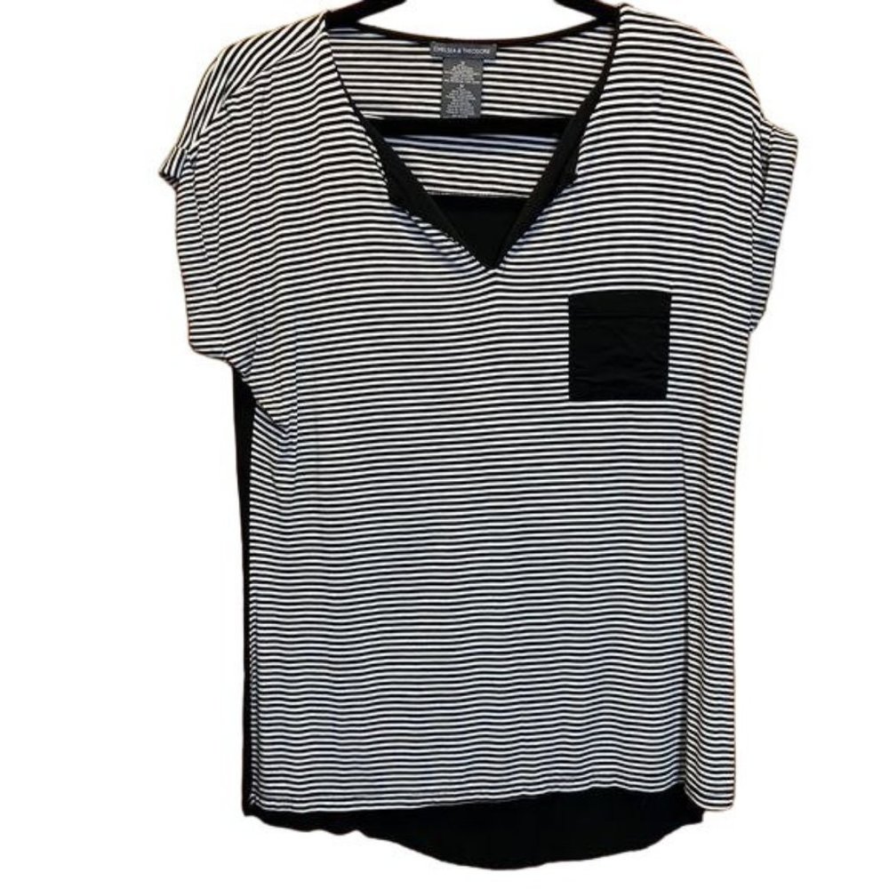 Chelsea & Theodore Black/White Striped Cuffed Cap Sleeve Mixed Media Top Medium